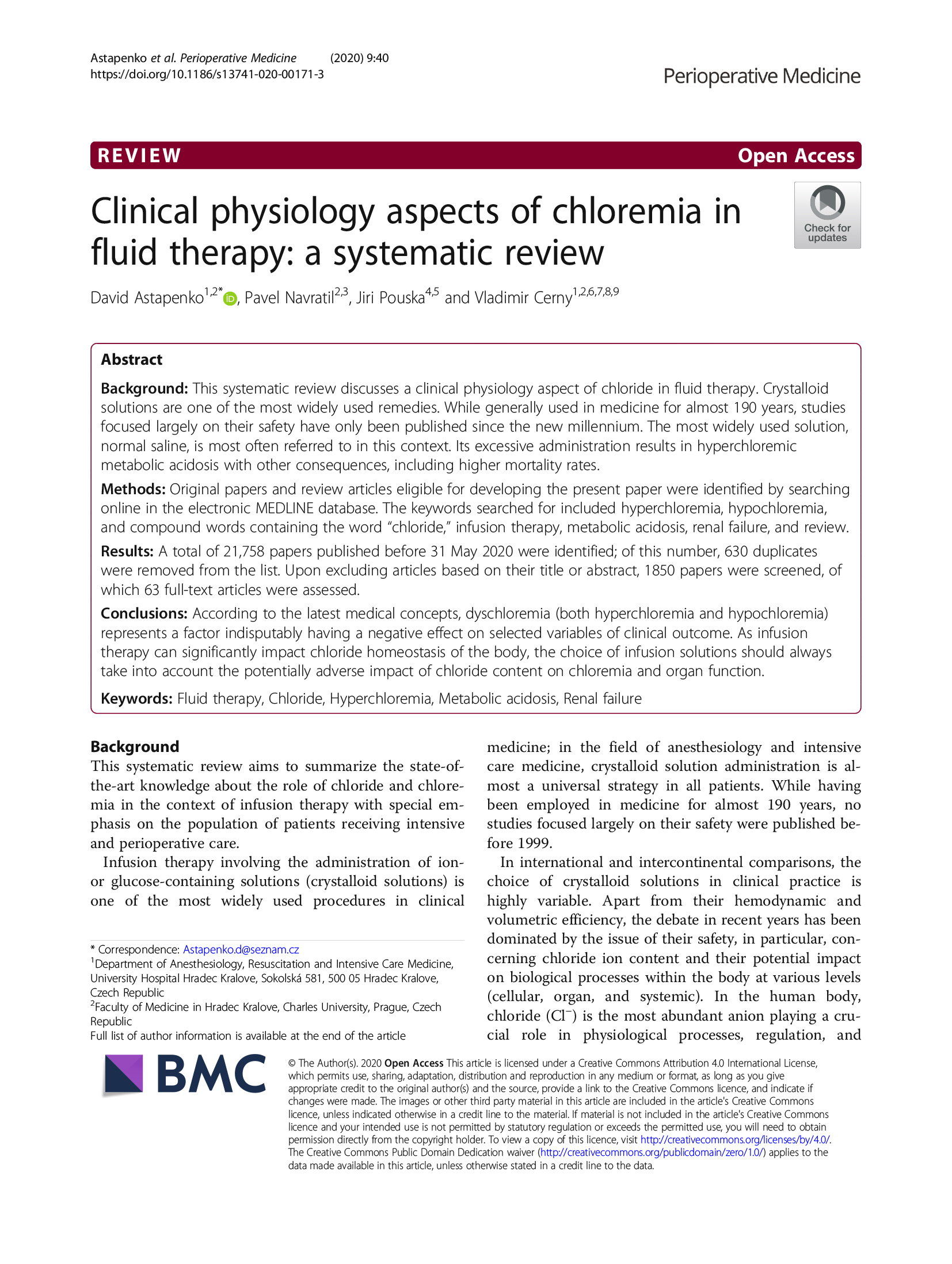 Clinical physiology aspects of chloremia in fluid therapy: a systematic review